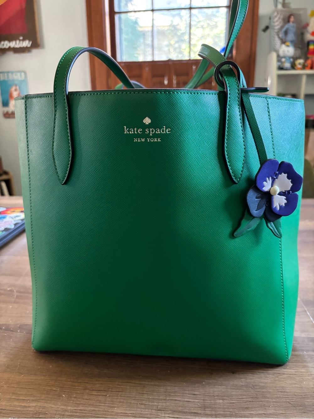 kate spade Green Saffiano Leather Tote with Floral Charm